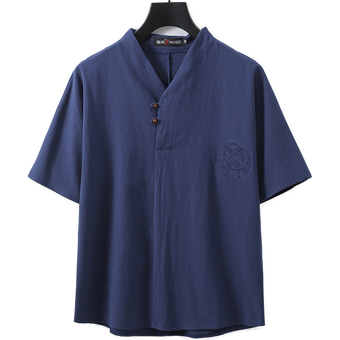 Big and Tall Linen V Neck T Shirt With Buttons