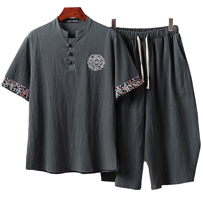 Big Mens Floral Embroidered Shirt and Shorts Set