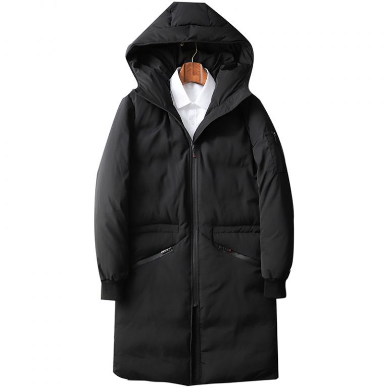 Big and Tall Mens Long Warm Black Coat With Hood