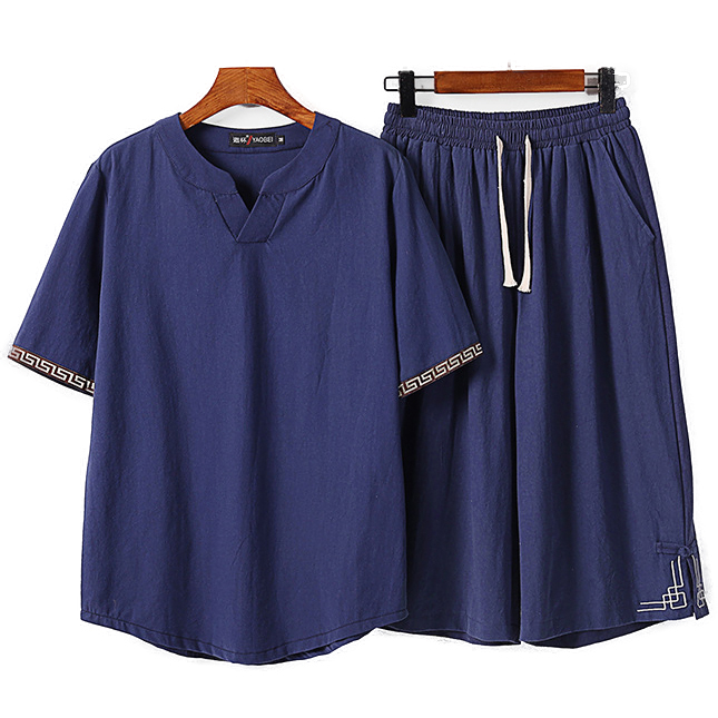King Size Mens Linen Split Neck T-shirt and Shorts Set