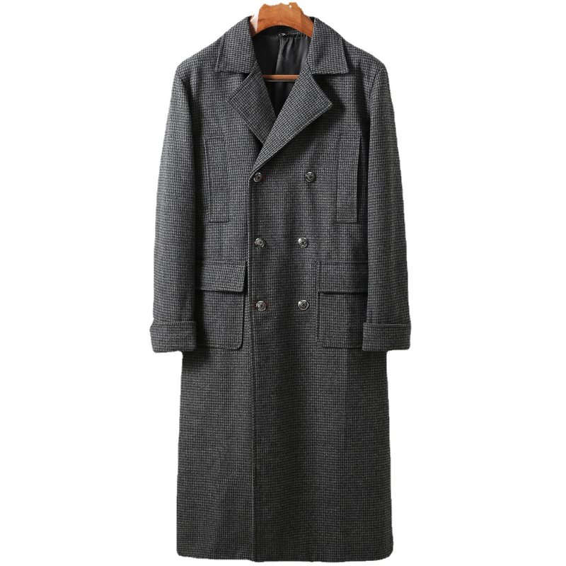 Oversized Mens Plaid Extra Length Double Breasted Trench Coat