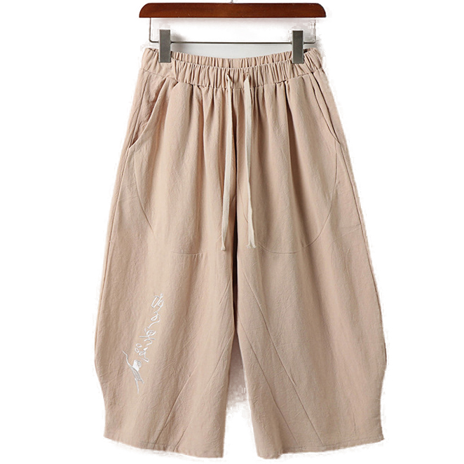 Plus Size Mens Linen Embroidered Three Quarter Shorts