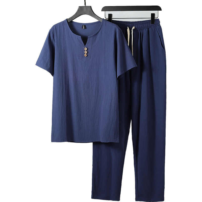 Plus Size Mens Linen V Neck T Shirt and Pants Combo
