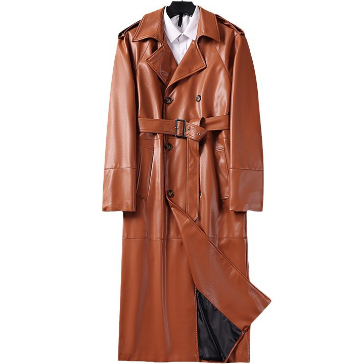 Oversized Mens Full Length Double Breasted Faux Leather Trench Coat With Belt