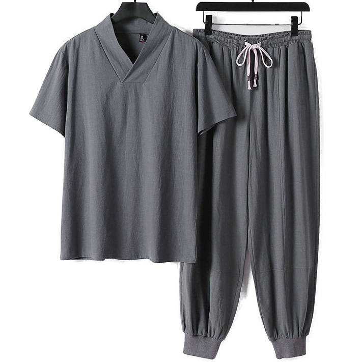 Big and Tall Mens Linen V Neck T Shirt And Pants Set