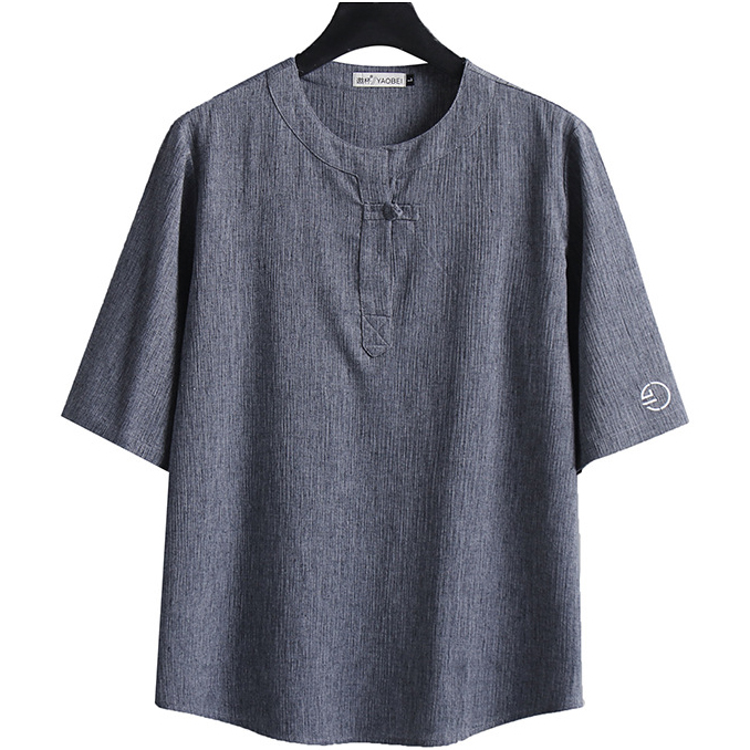 Oversized Mens Linen Crew Neck T Shirt With One Button