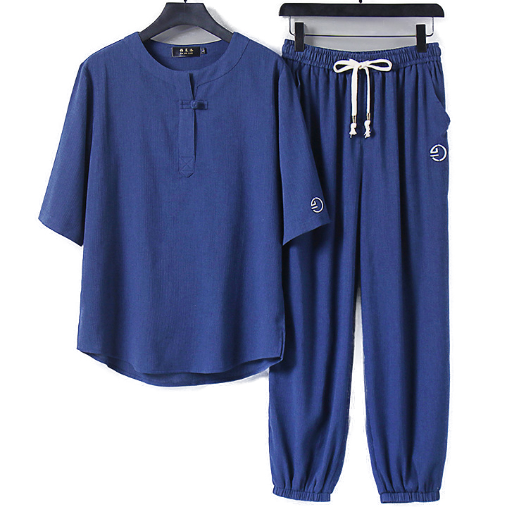 Plus Size Mens Linen Crew Neck T Shirt and Pants Set