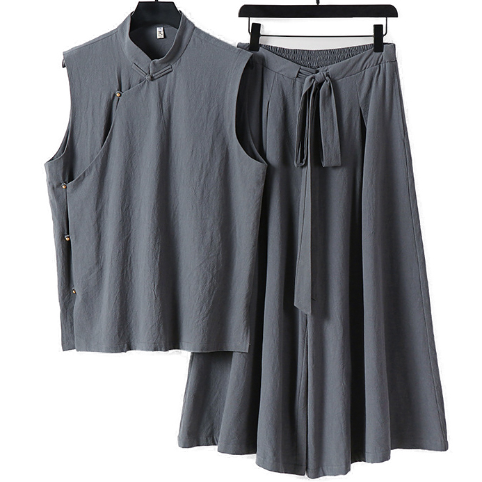 Big and Tall Mens Chinese Style Sleeveless Shirt With Wide Leg Pants