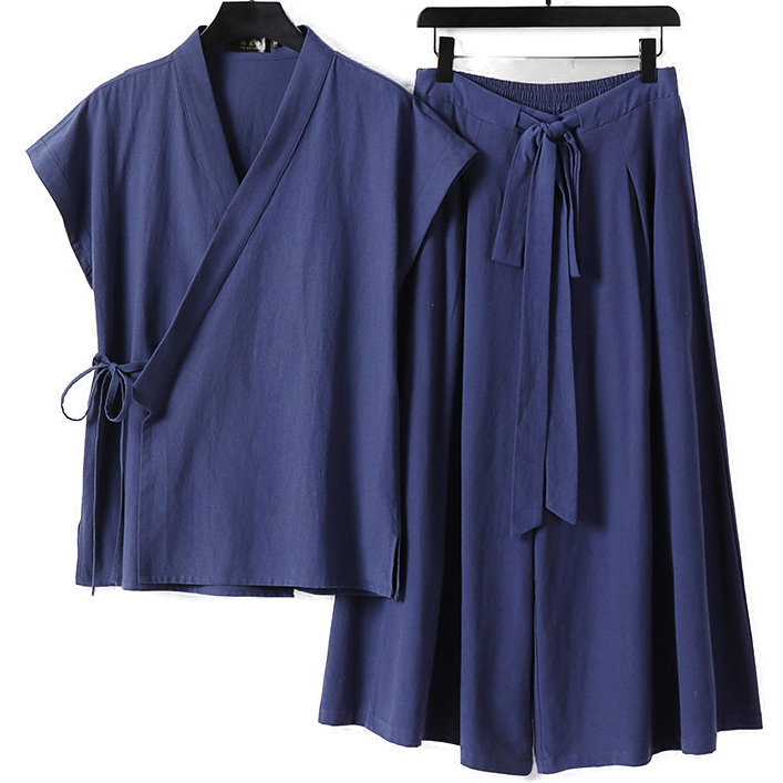 Big and Tall Mens Linen Hanfu Two Piece Set Uniform