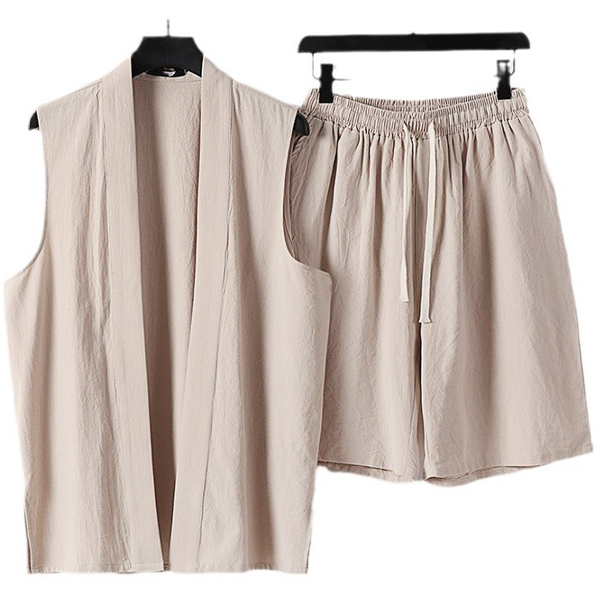 Big and Tall Mens Linen Kimono Sleeveless Vest and Shorts Set