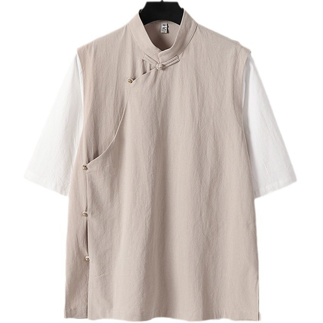 Plus Size Mens Linen Mandarin Collar Two Fake Pieces Shirt