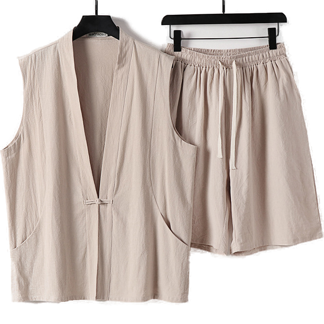 Plus Size Mens Linen Sleeveless Shirt and Shorts Set