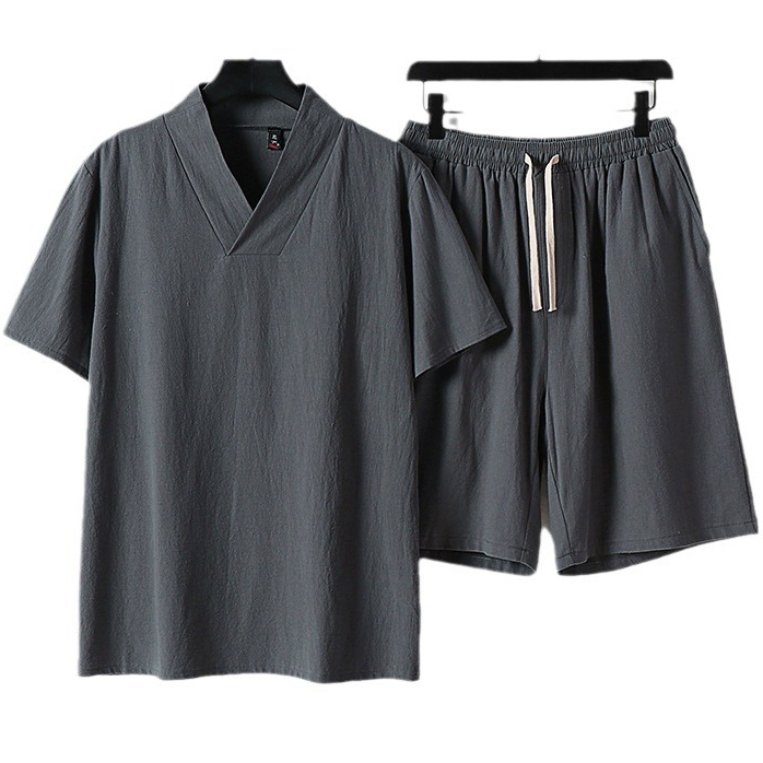 Plus Size Mens Linen V Neck Short Sleeve 2 Piece Set